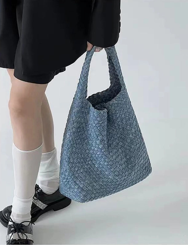 Women's Denim Solid Color Classic Style Weave Bucket Open Shoulder Bag