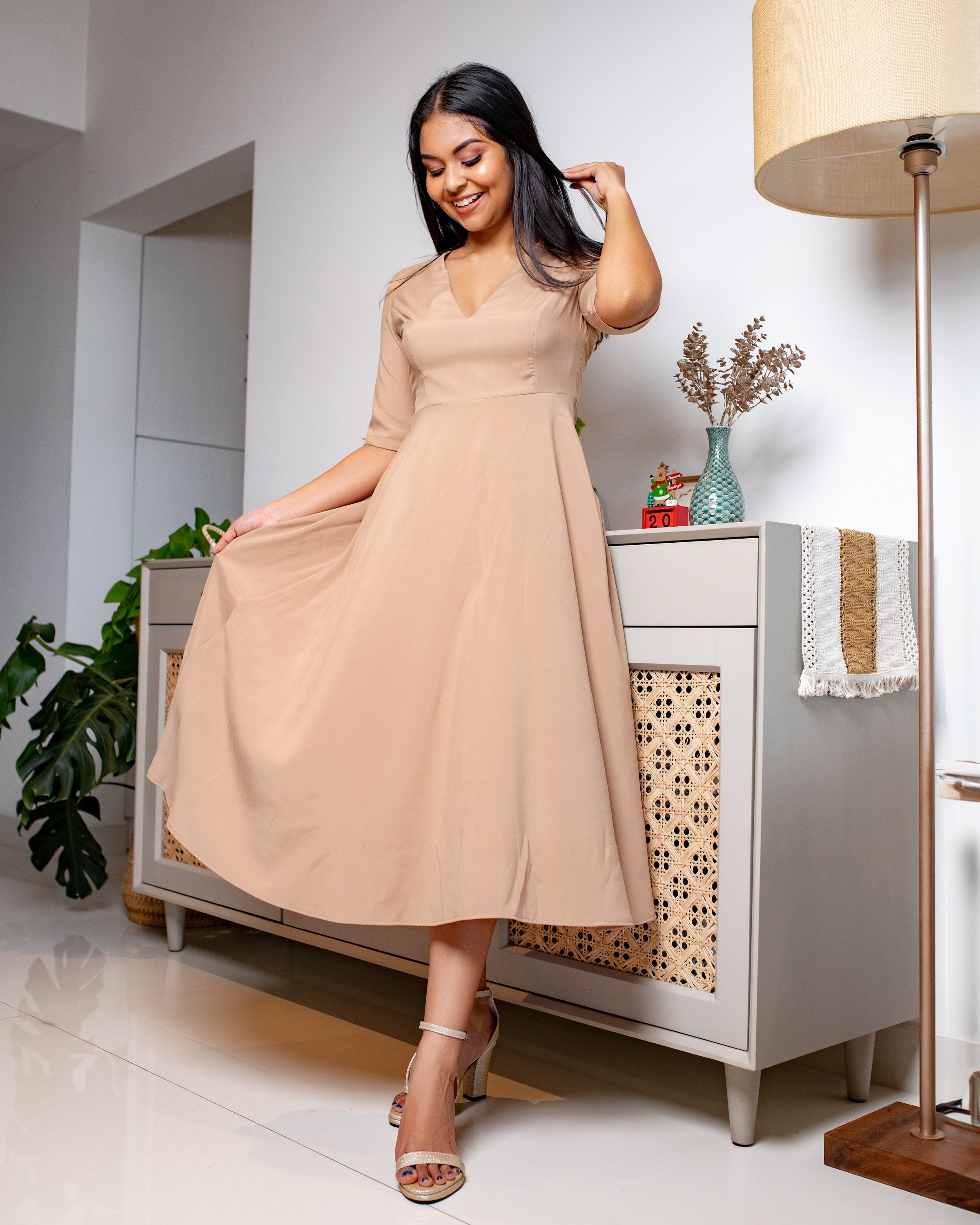 Mistletoe Flared Midi Dress	 -Beige