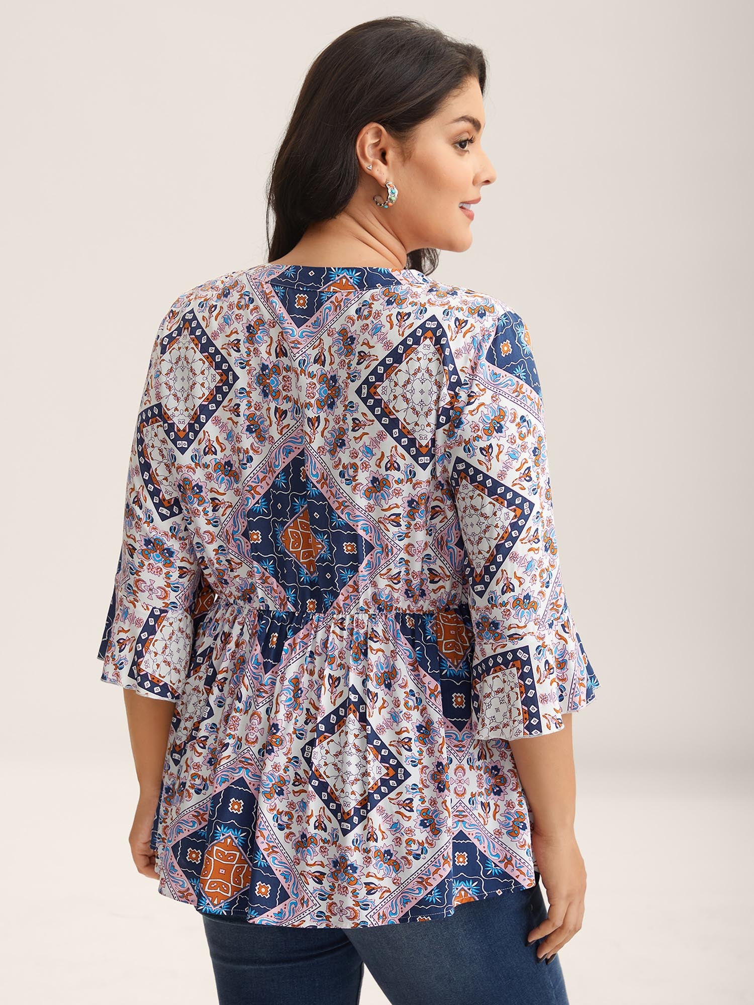 Boho Collage Print Notched Babydoll Top