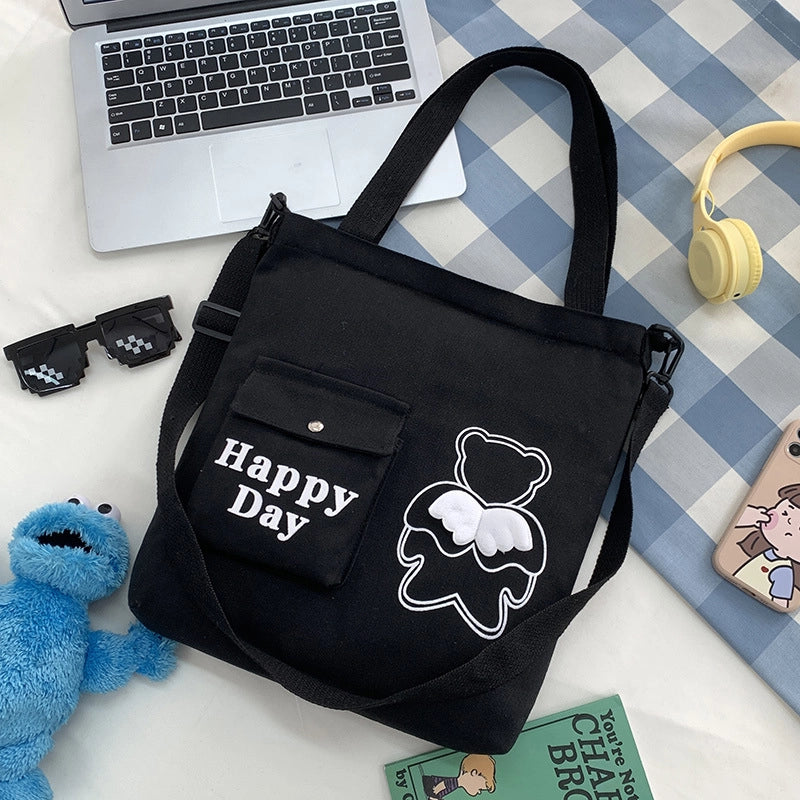 Women's Large Canvas Letter Little Bear Classic Style Zipper Canvas Bag