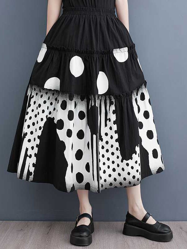 Loose Elasticity Pleated Pockets Polka Dot Printed Ruffled Split-Joint Skirts Bottoms