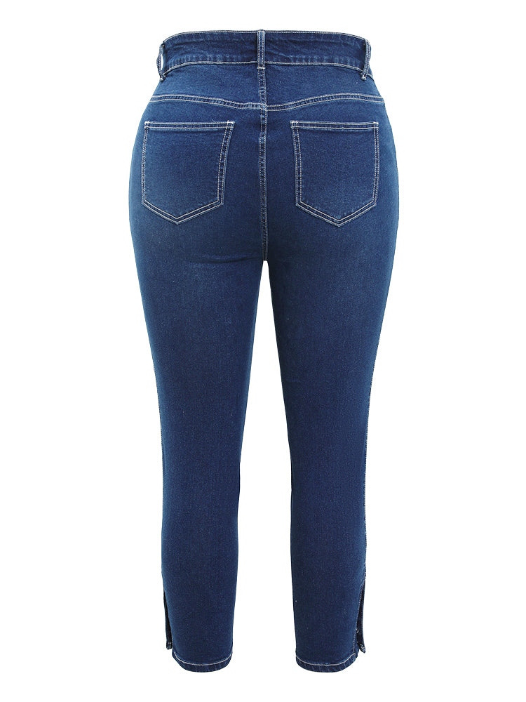 Very Stretchy High Rise Dark Wash Button Hem Jeans