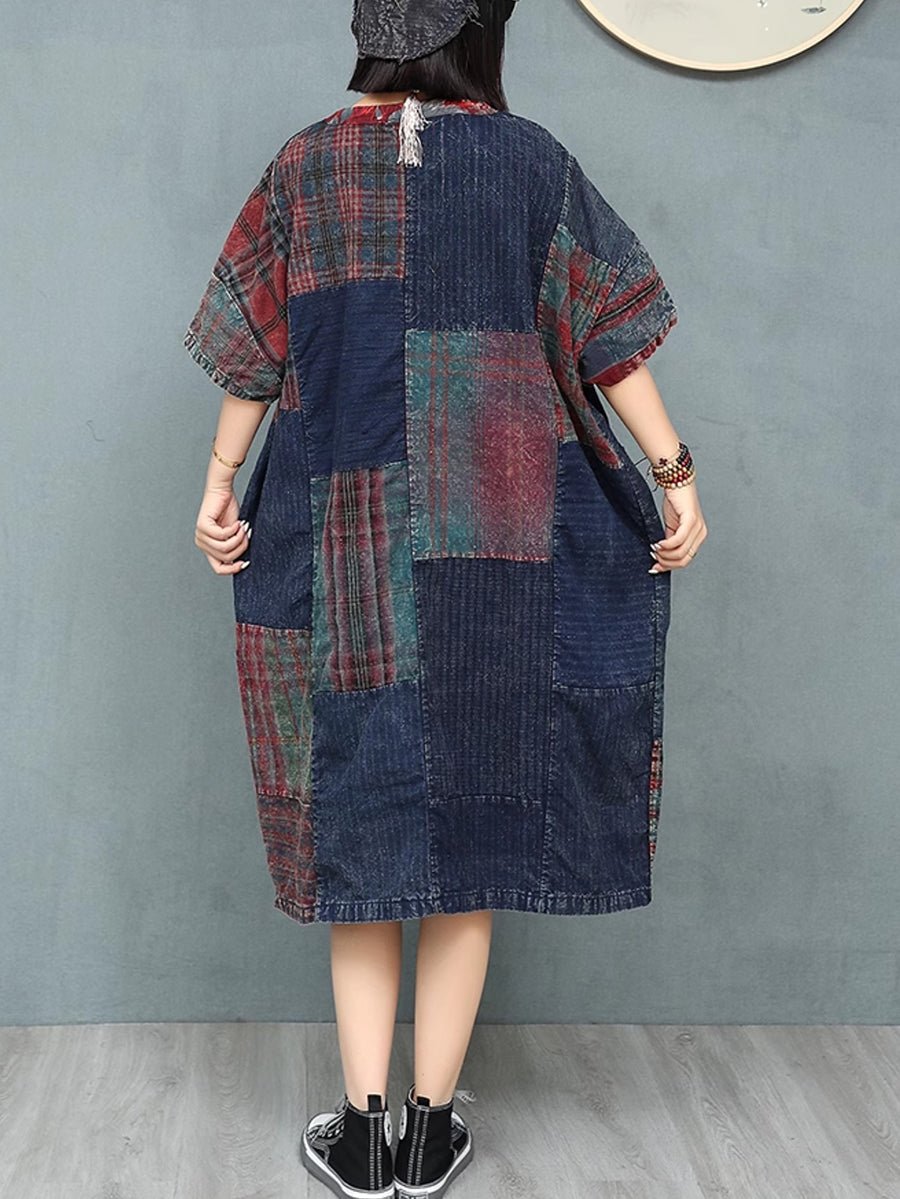 Women Summer Retro Patchwork O-Neck Cotton Dress