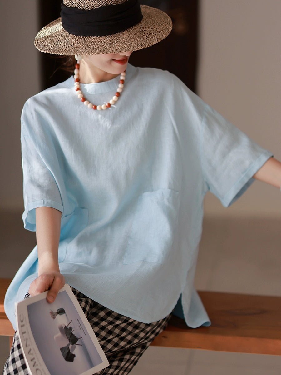 Women Summer Artsy Pure Color 100%Linen O-Neck Shirt