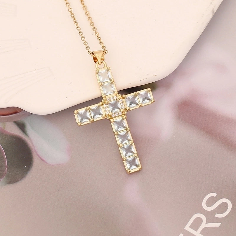 Stainless Steel Copper 18K Gold Plated Fashion Inlay Cross Zircon Pendant Necklace