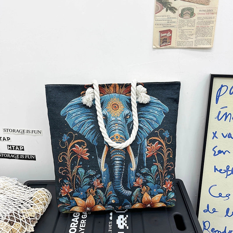 Women's Medium Canvas Elephant Ethnic Style Classic Style Square Zipper Tote Bag