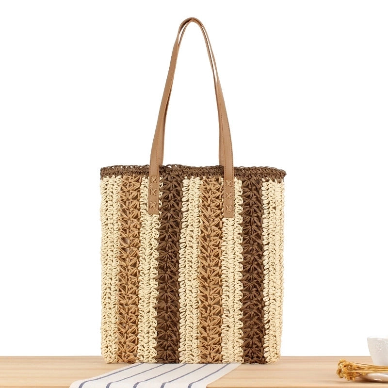 Women's Large Straw Color Block Vacation Zipper Straw Bag