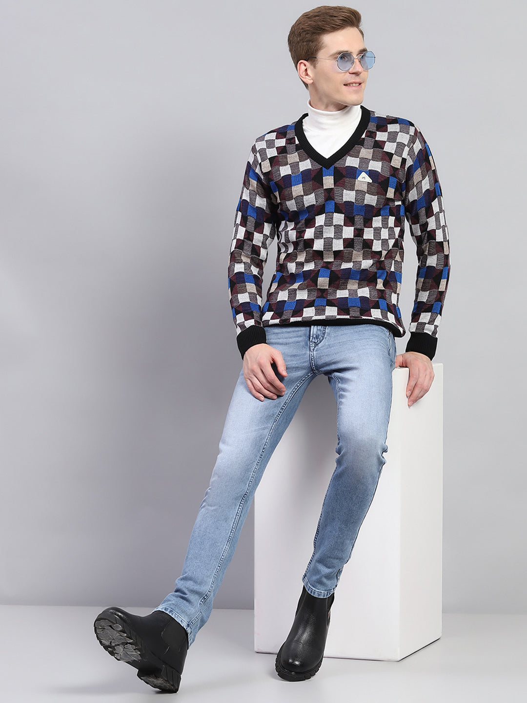 Men Multicolor Check V Neck Full Sleeve Pullover