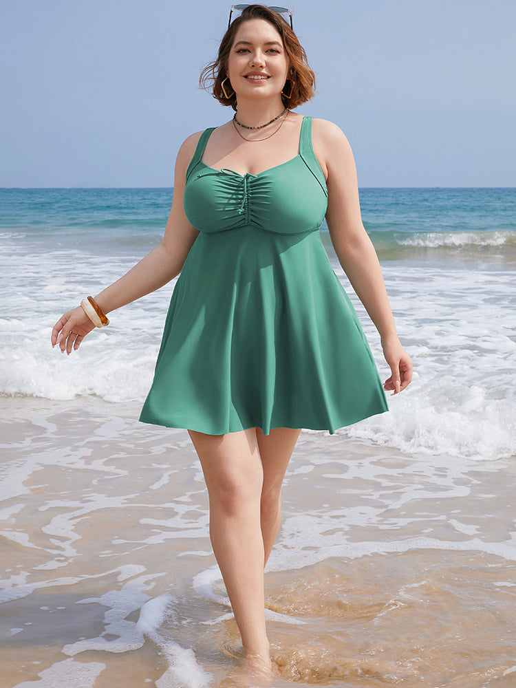 Ruched Drawstring Flutter Hem Swim Dress
