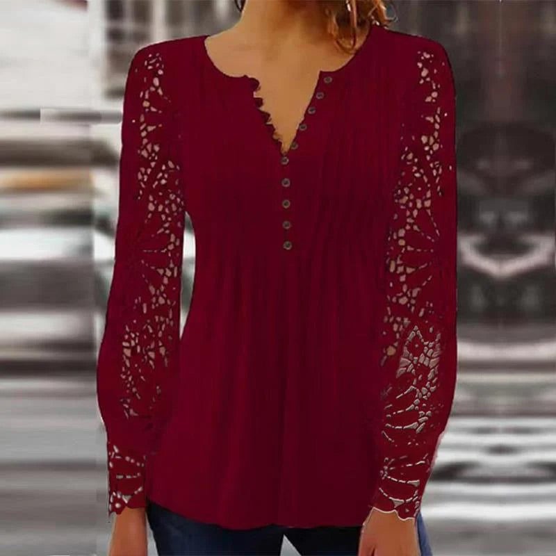 💥Sale 49% discount💕Blouse with floral pattern, long sleeve, V-neckline and lace