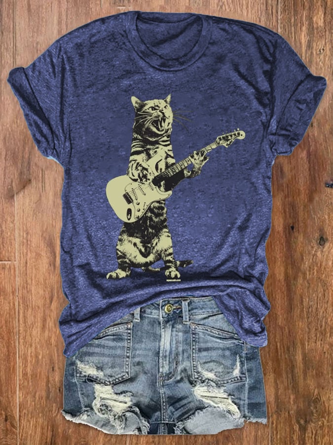 Women's Funny Cat Playing Guitar Graphic Casual Tee