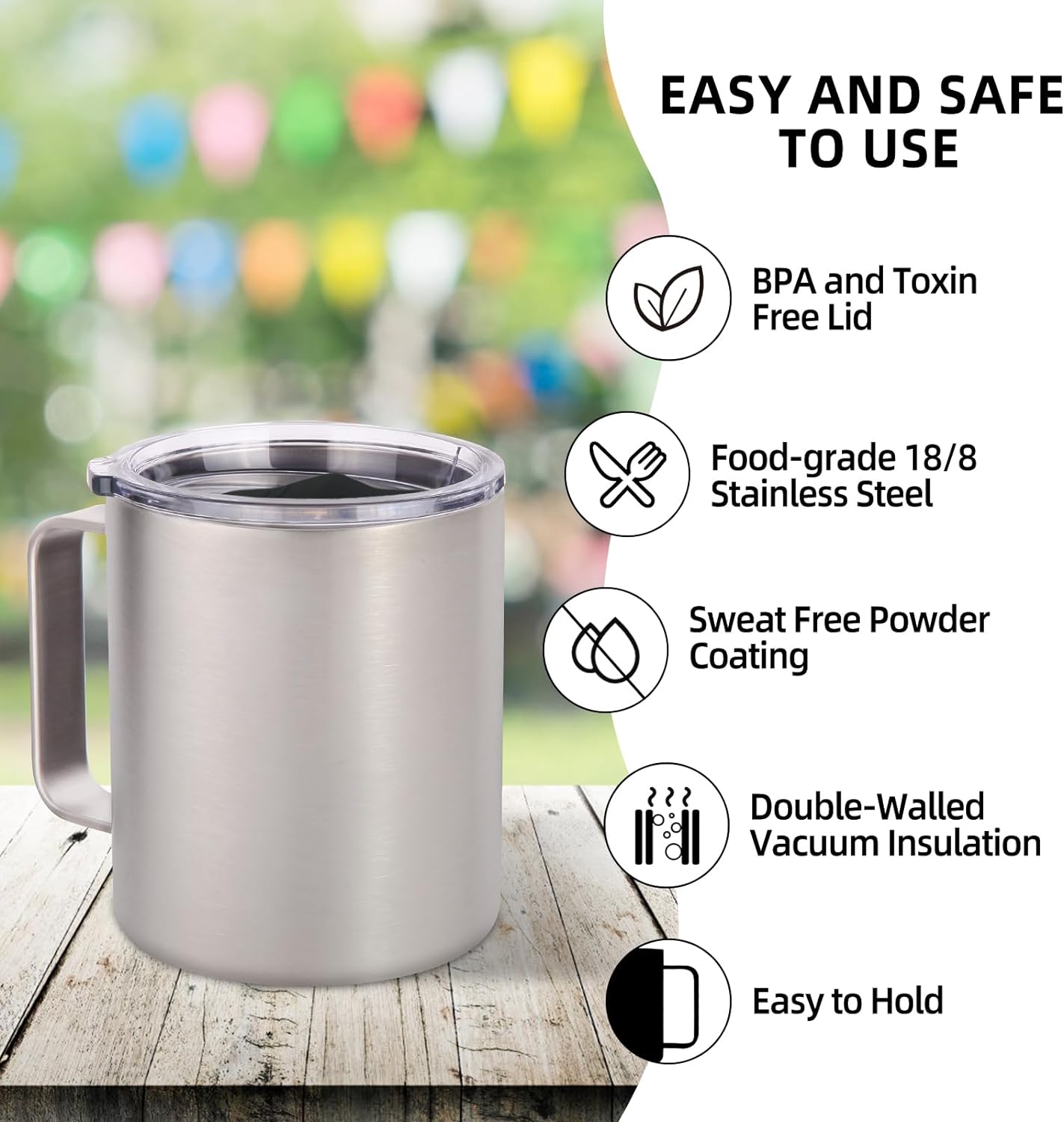 Volhoply 14oz Insulated Stainless Steel Coffee Mug with Leakproof Lid,Double Wall Vacuum Travel Coffee Cup with Handle,Reusable Metal Tumbler,Camping Mugs Keep Hot/Cold,Christmas Gifts(Black,1
