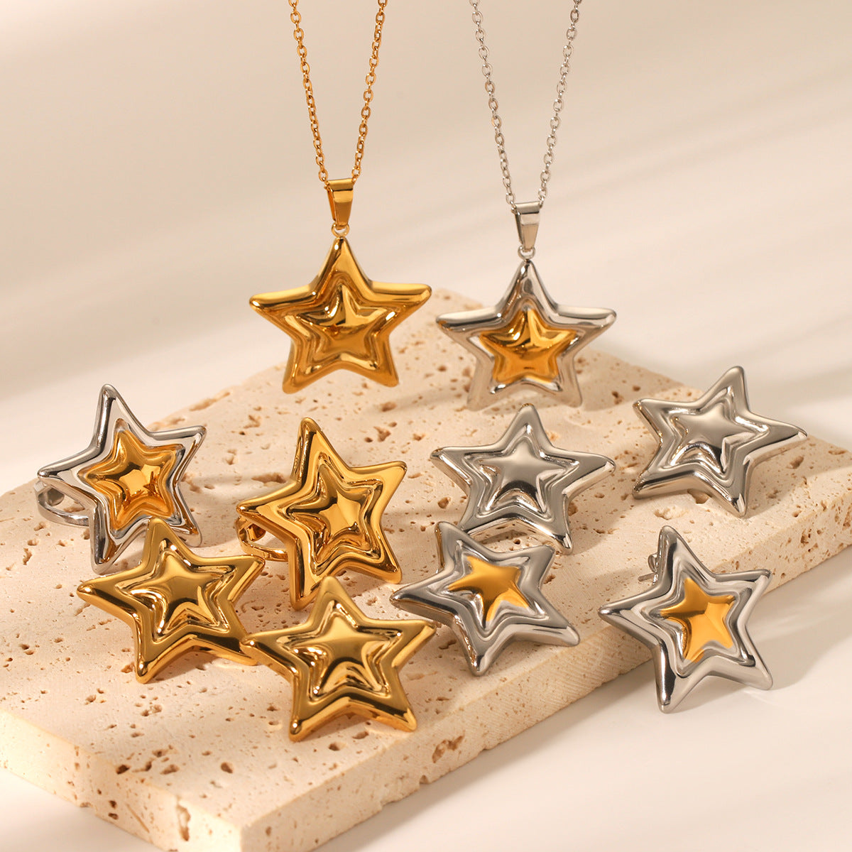 Stainless Steel Five-Pointed Star Pendant Necklace Gold And Silver Color Matching Star-Shaped Open Ring Titanium Steel Star Earrings