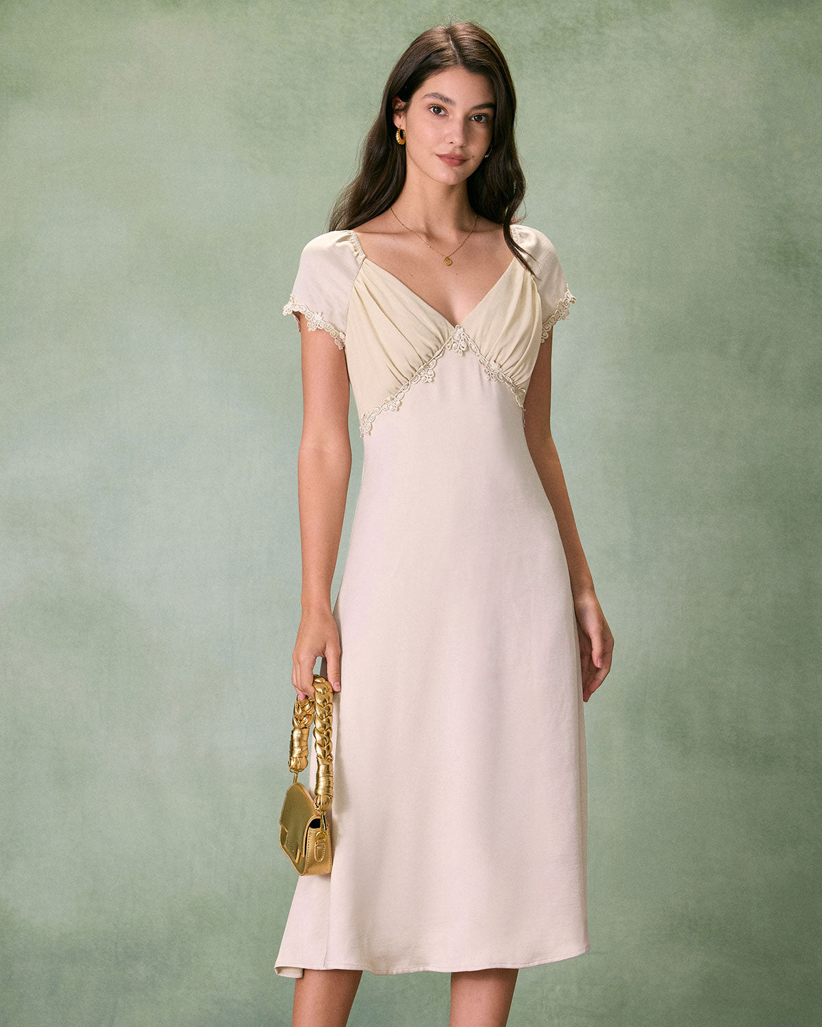 The Apricot V Neck Ruched Satin Midi Dress