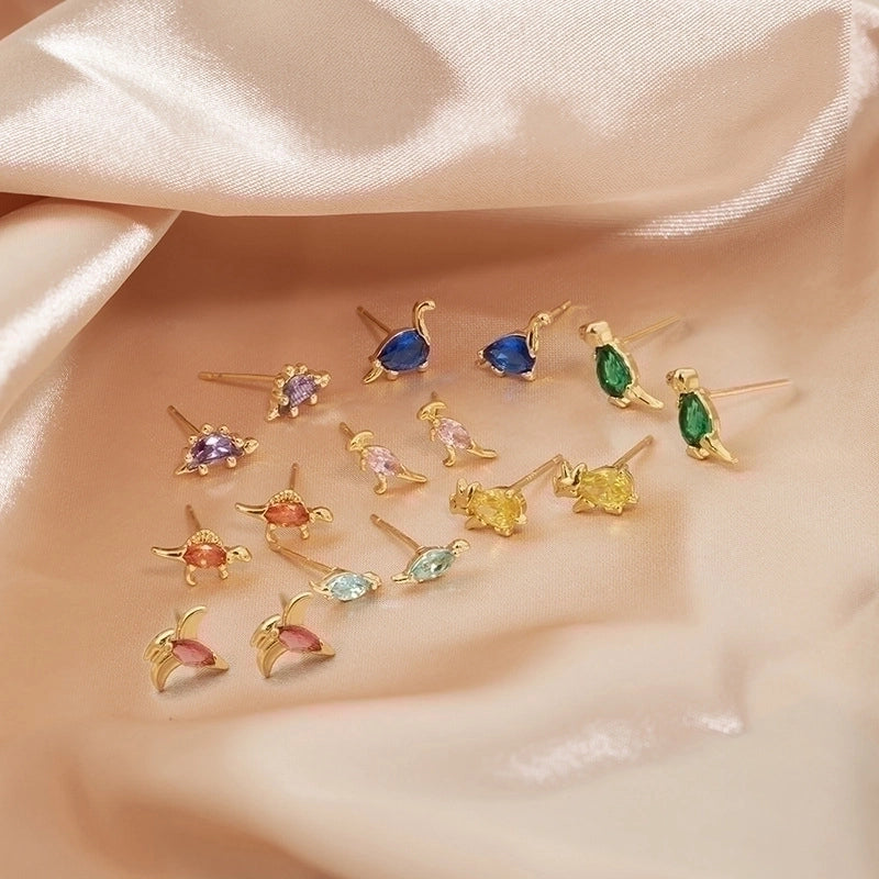 1 Piece Minimalist Dinosaur Inlay Copper Gem Ear Studs