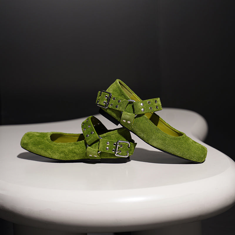 Women's Square Toe Leather Mary Jane Flats with Studded Strap Design in Green/Blue/Brown/Grey