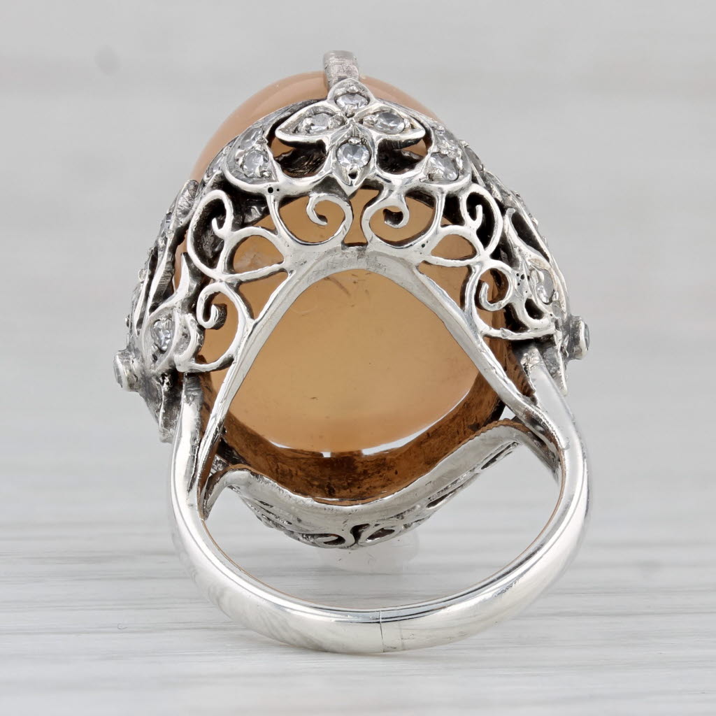 Peach Star Moonstone Diamond Ring 800 Silver Vintage Ornate Size 5 Cocktail