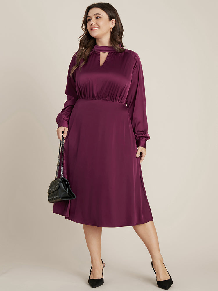 Solid Pocket Keyhole Mock Neck Satin Midi Dress