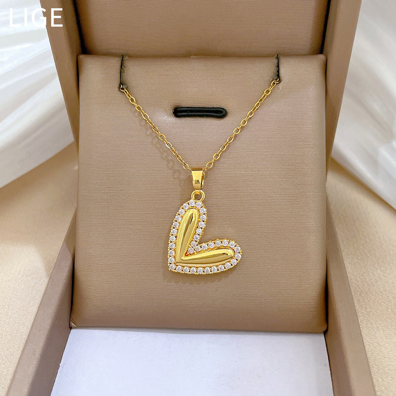 Love Heart Polished Peach Heart Gorgeous Full Diamond Necklace Women'S All-Match Clavicle Chain Titanium Steel Chain