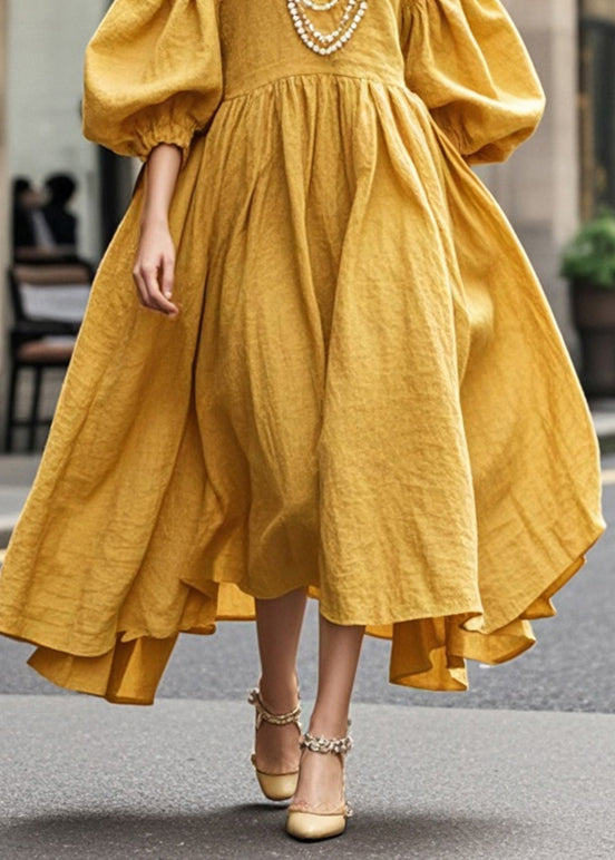 Boho Yellow Exra Large Hem Cotton Maxi Dresses Lantern Sleeve Summer