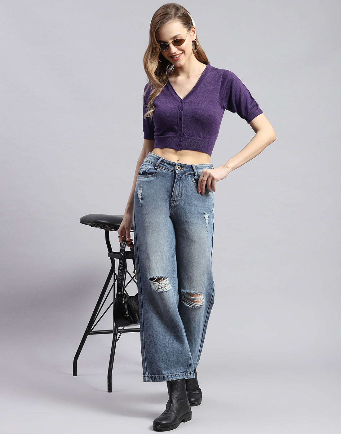 Women Purple Solid V Neck Half Sleeve Sweater