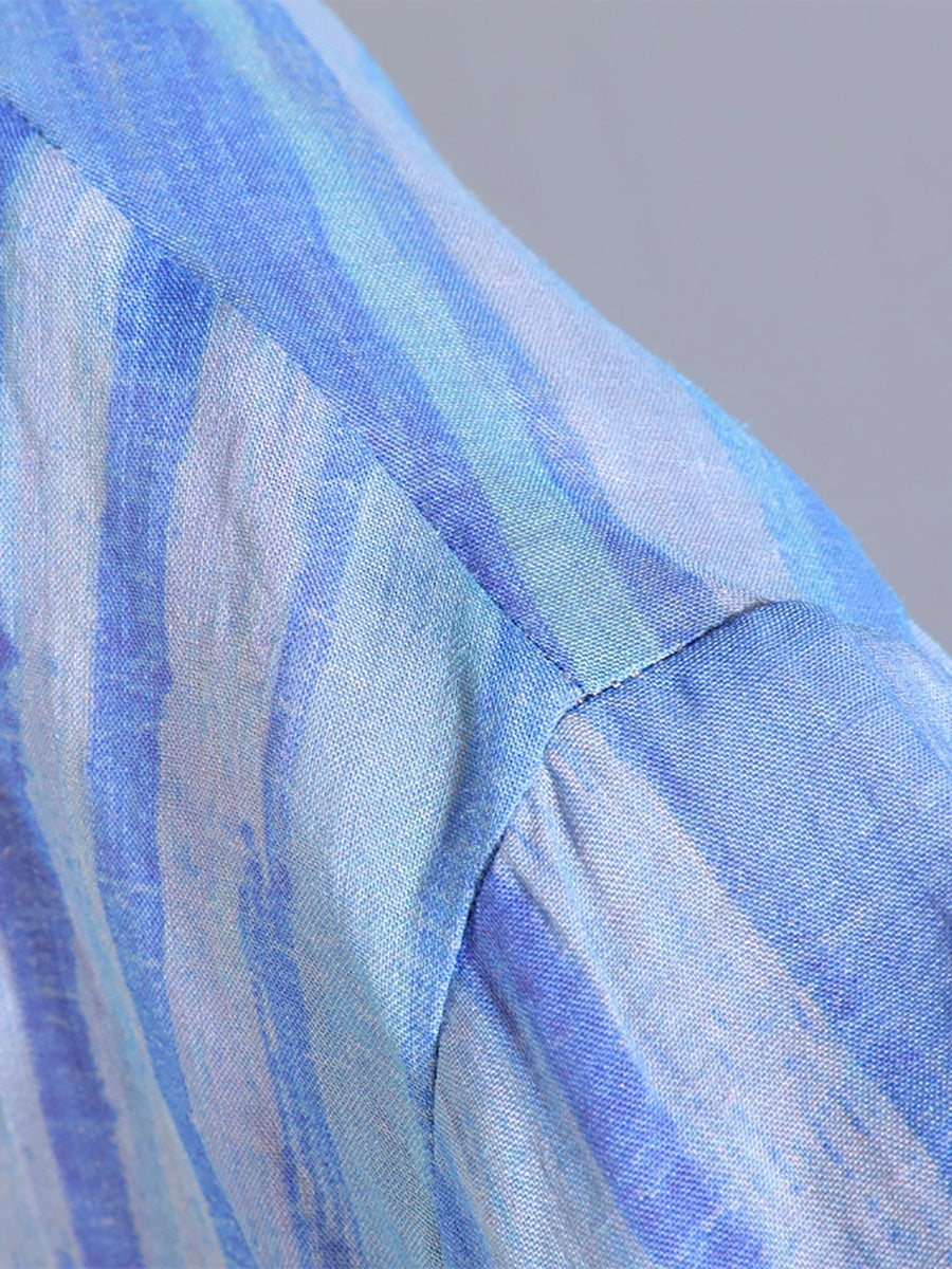 Women Summer Artsy Stripe Turn-down Collar 100%Ramie Shirt