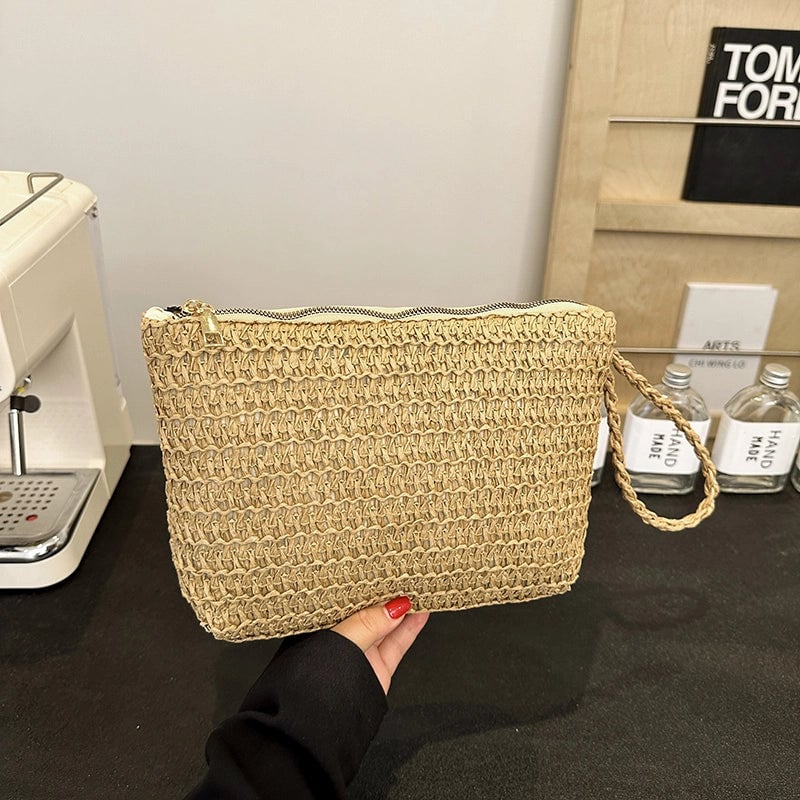 Women's Medium Straw Color Block Solid Color Basic Beach Weave Square Zipper Straw Bag