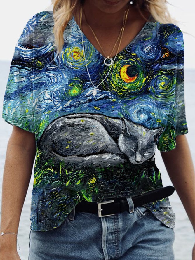 Women's Sleeping Russian Blue Cat Starry Night Art  Print  T-Shirt