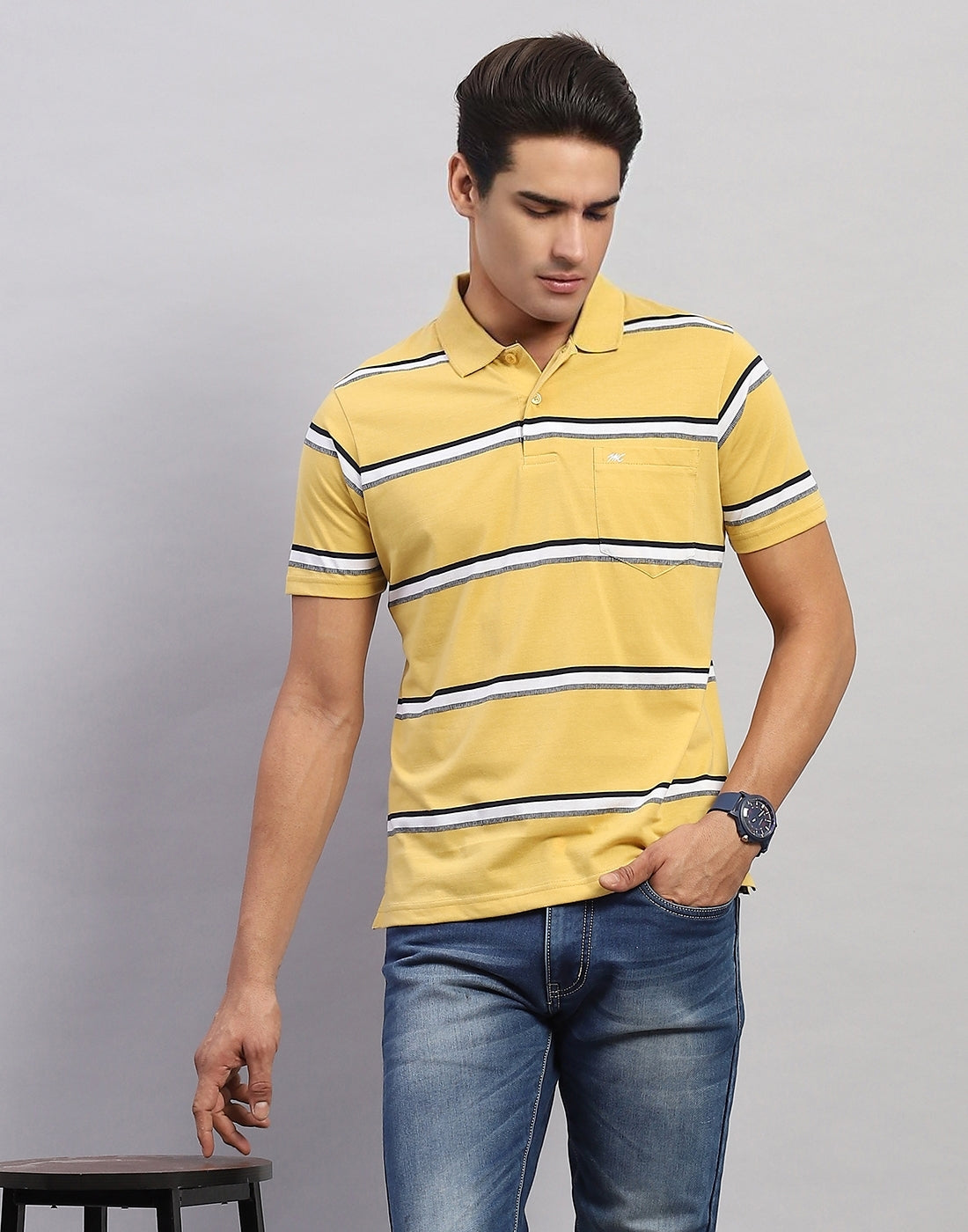 Men Yellow Stripe Polo Collar Half Sleeve T-Shirt