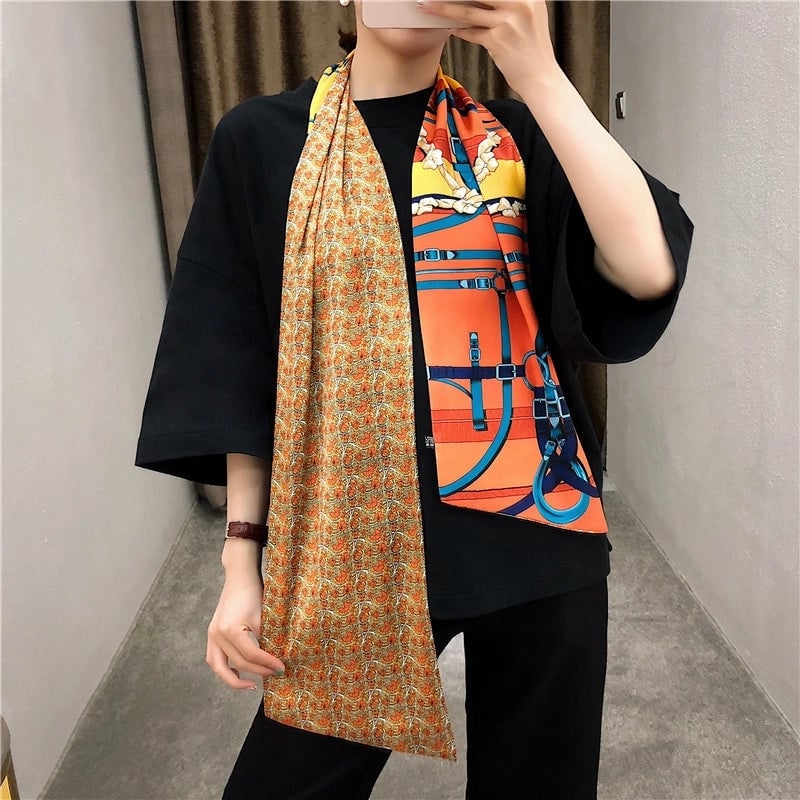 New Belts Metal Buckles Double-layer Printed Silk Scarves Twill Satin Long Silk Scarves