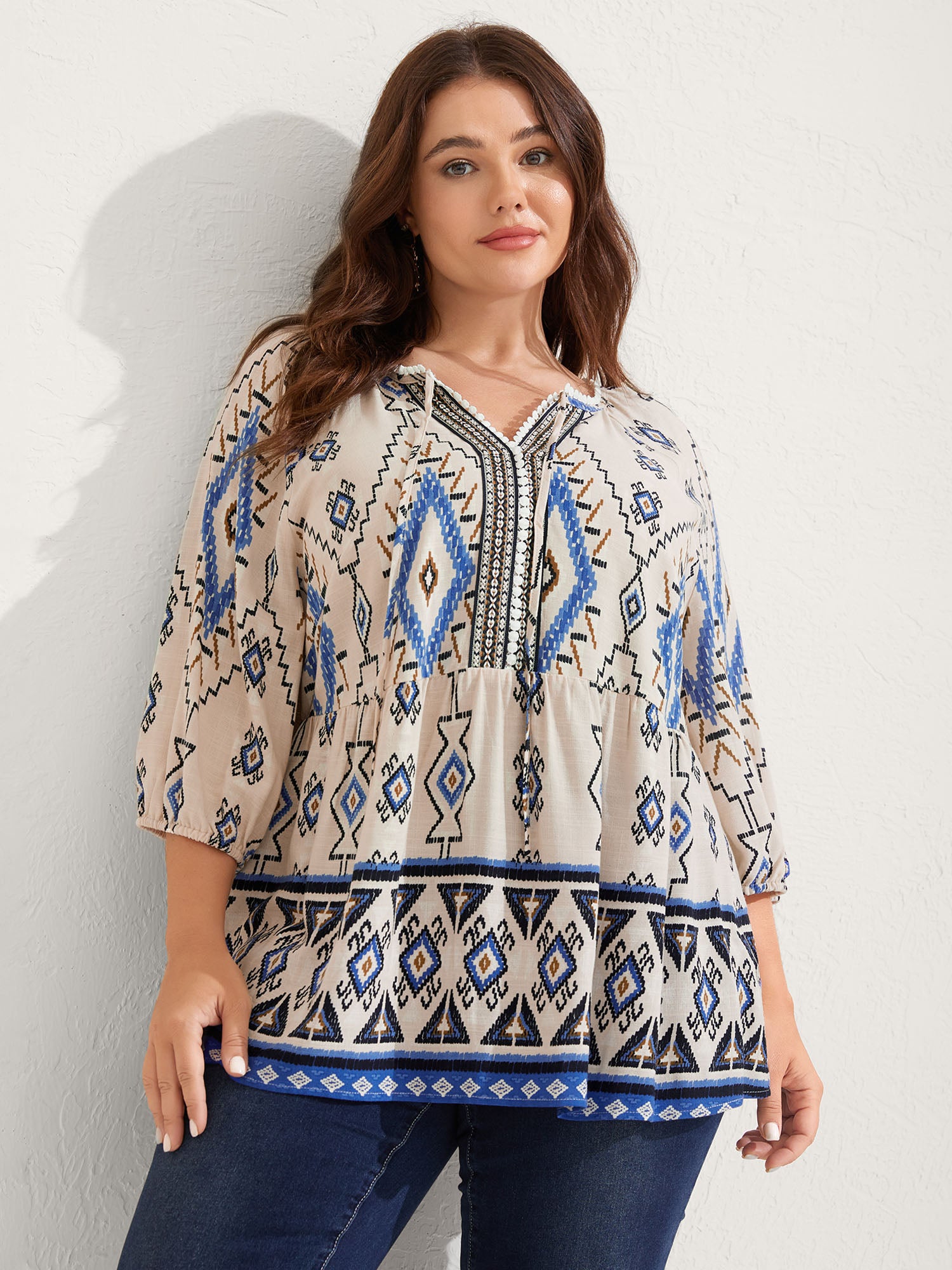 Boho Print Lace Detail Neck Tie Blouse
