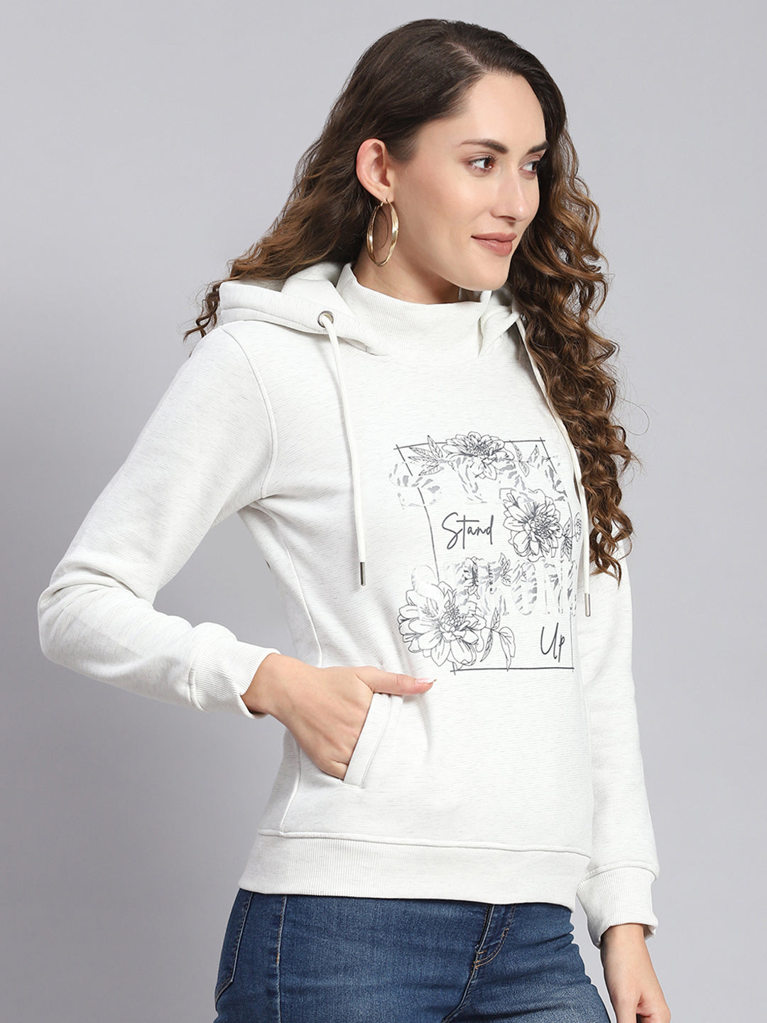 Women Off White Printed Hooded Full Sleeve Sweatshirts