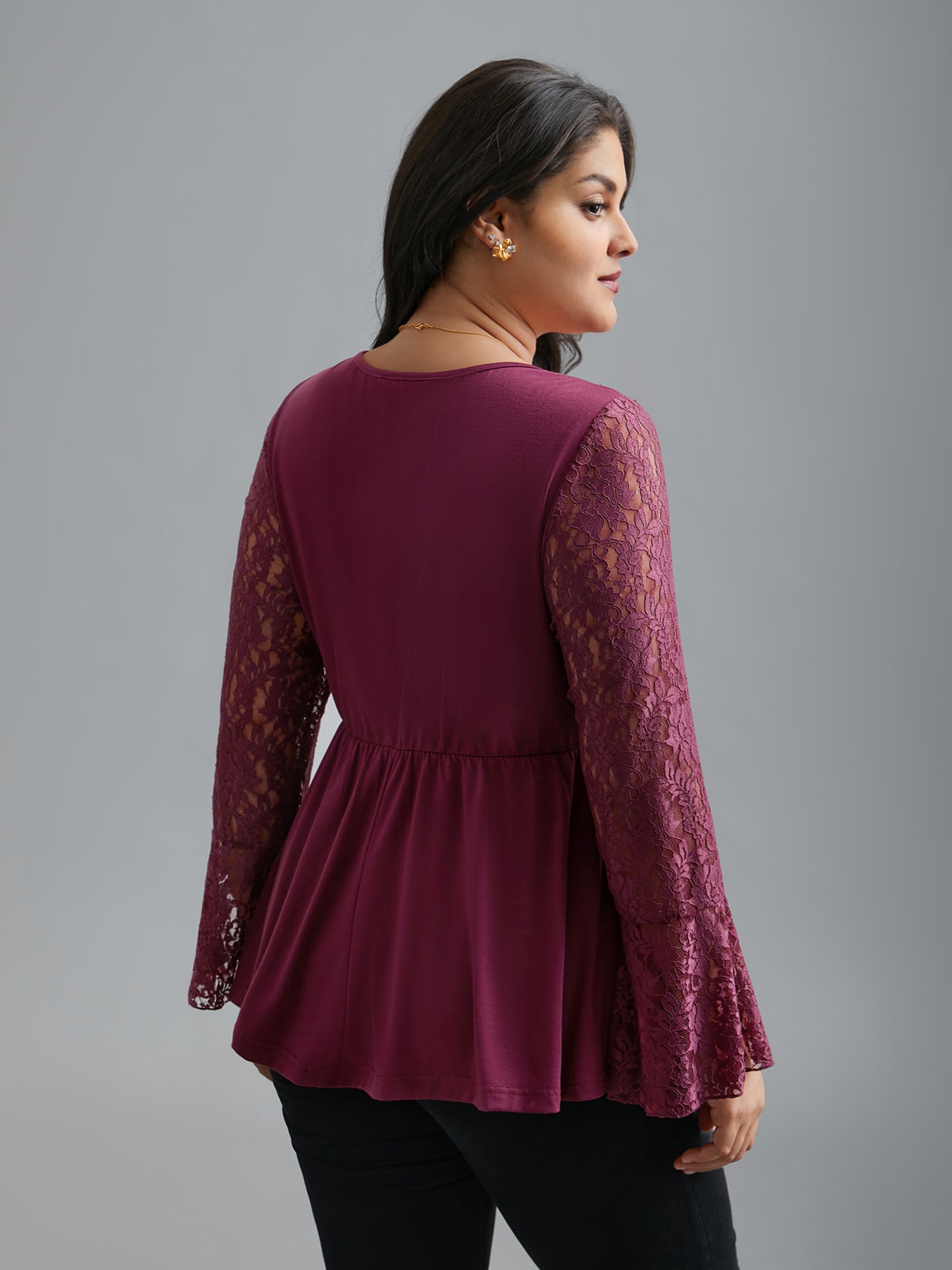 Sheer Lace Knit Micro-Elastic Bell Sleeve Top