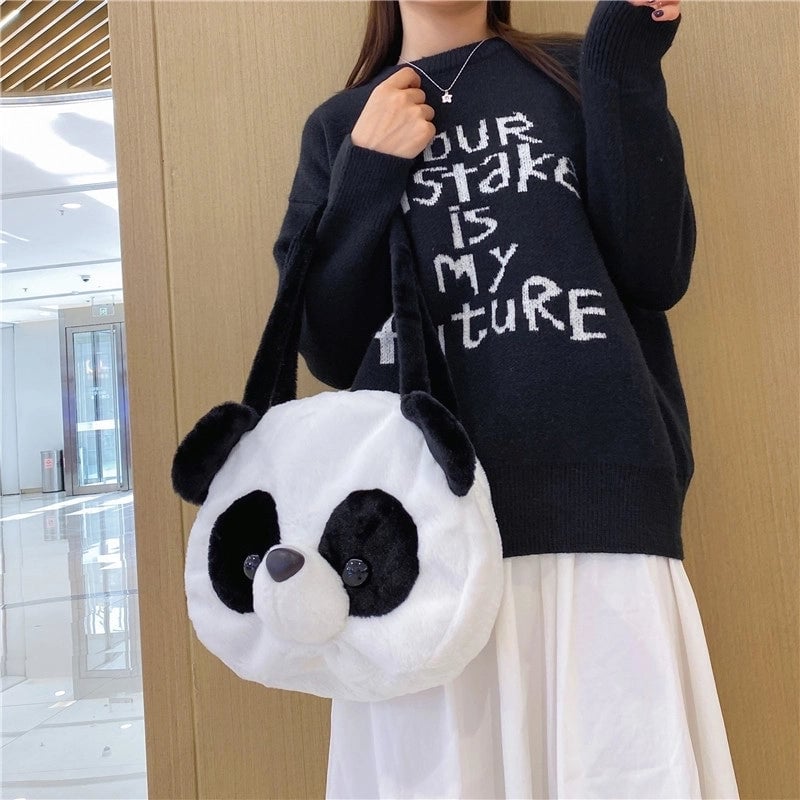 Women's All Seasons Plush Animal Cute Round Zipper Shoulder Bag
