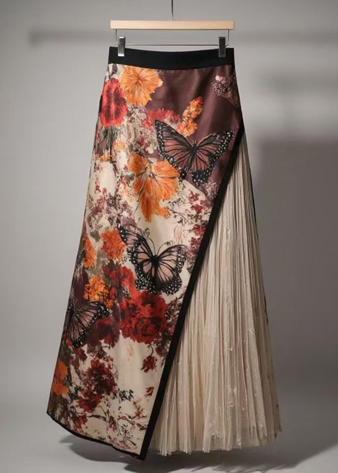 Chinese Style Asymmetrical Print Wrinkled Patchwork Skirts Summer