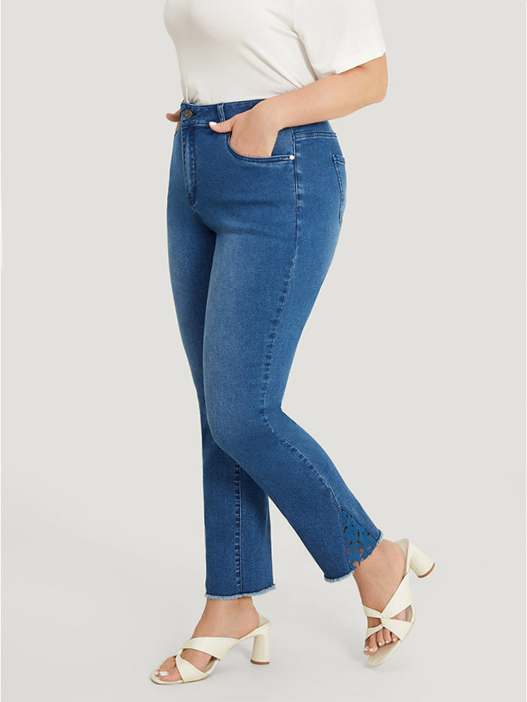 Very Stretchy High Rise Medium Wash Lace Insert Raw Hem Jeans
