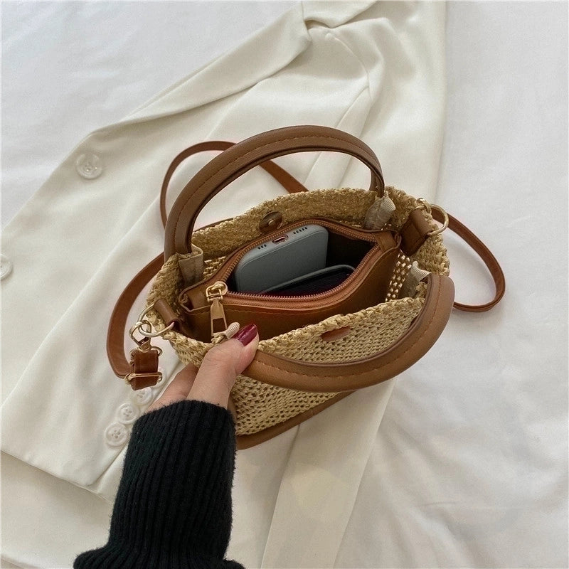 Women's Small Straw Color Block Streetwear Square Zipper Straw Bag
