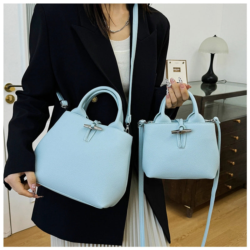 Women's Pu Leather Solid Color Classic Style Sewing Thread Bucket Zipper Lock Clasp Crossbody Bag