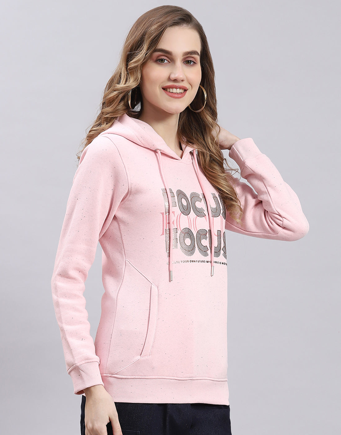 Women Pink Printed Hooded Full Sleeve Sweatshirt