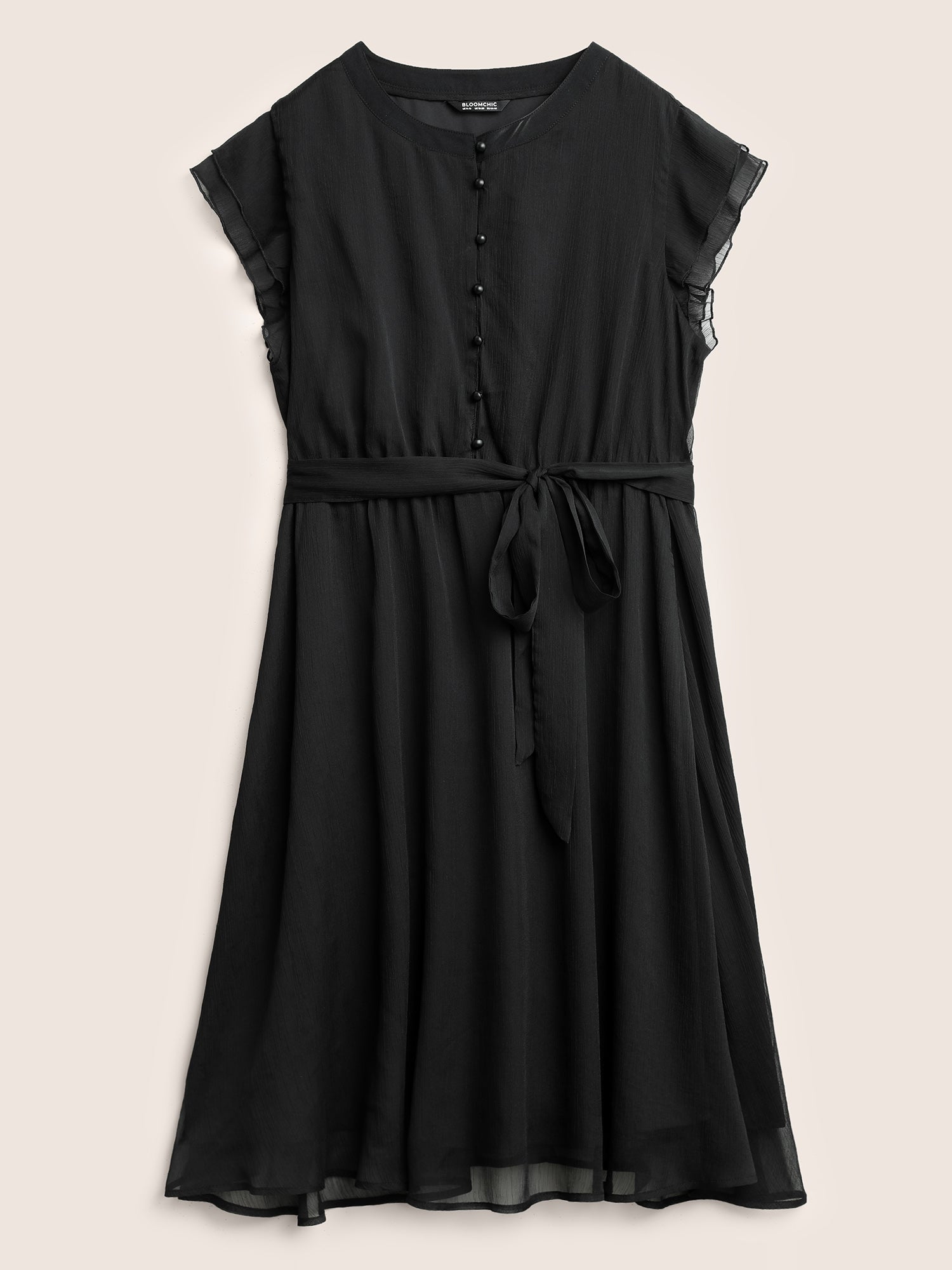 Solid Mesh Belted Ruffle Cap Sleeve Dress