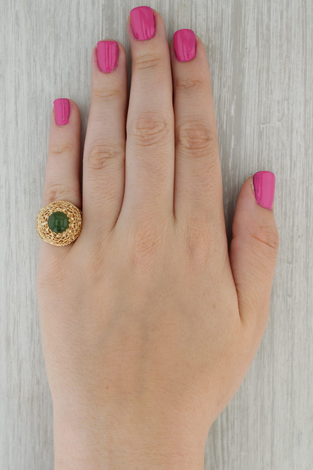 Green Nephrite Jade Ornate Openwork Ring 14k Yellow Gold Size 6.25 Cocktail