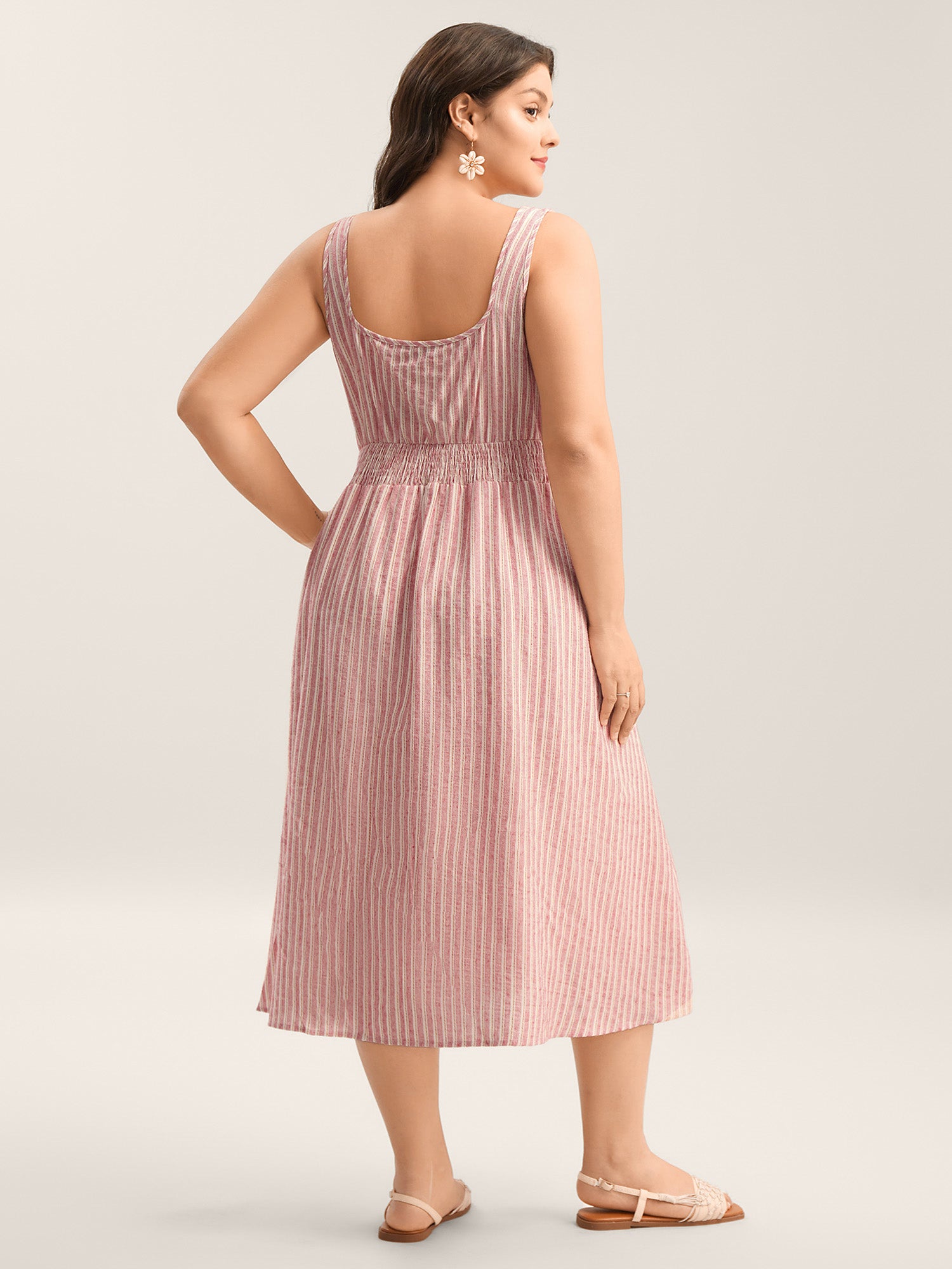 Stripe Print Shirred Waist Midi Dress