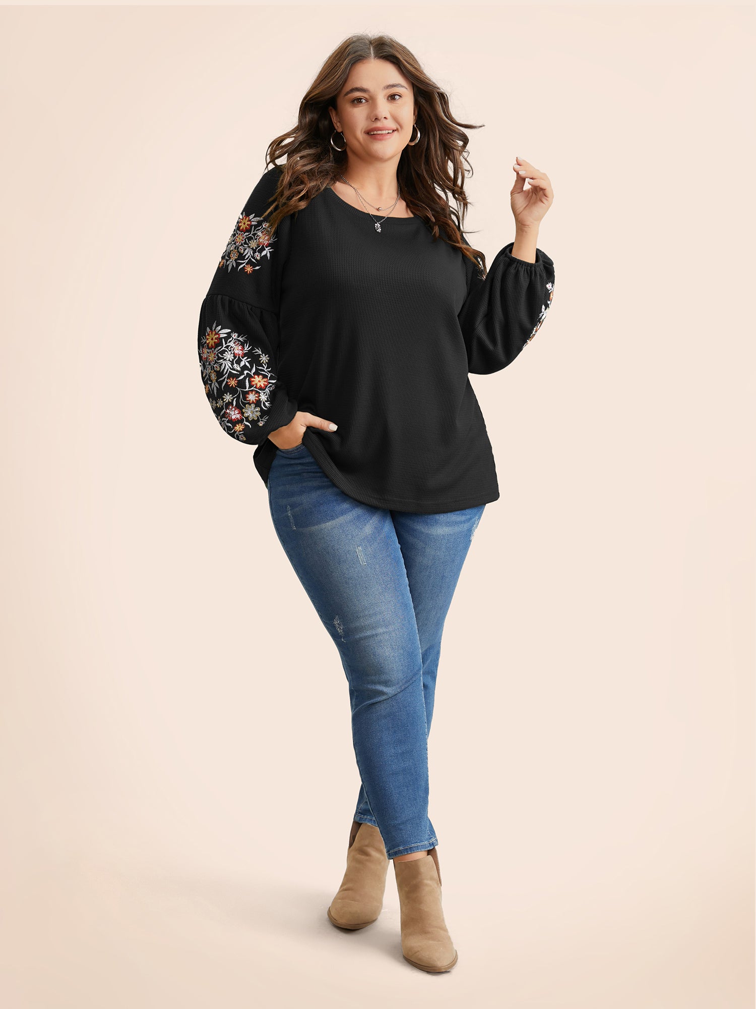 Waffle Knit Floral Embroidered Lantern Sleeve T-shirt