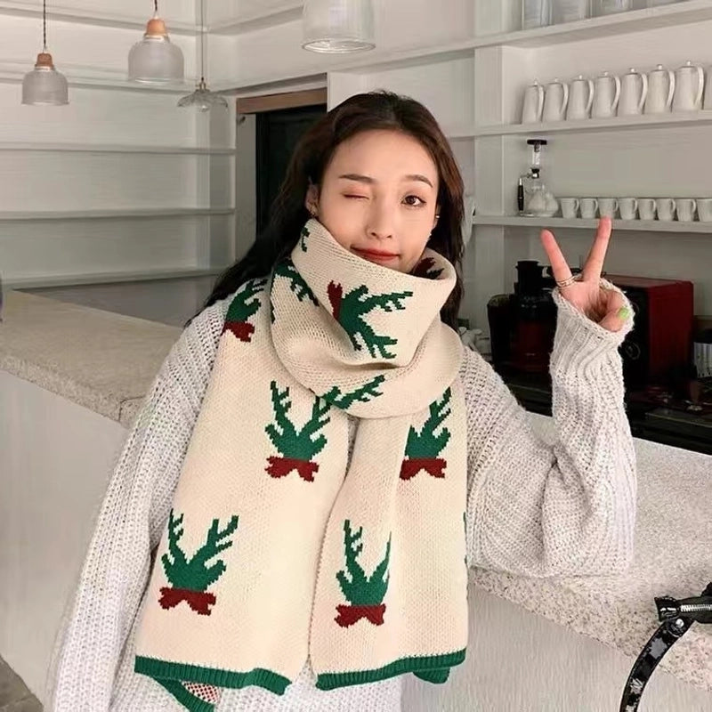 Christmas Elk Big Scarf Women's Autumn And Winter Versatile Cute Girl's Heart Long Knitted Wool Scarf Winter Warm