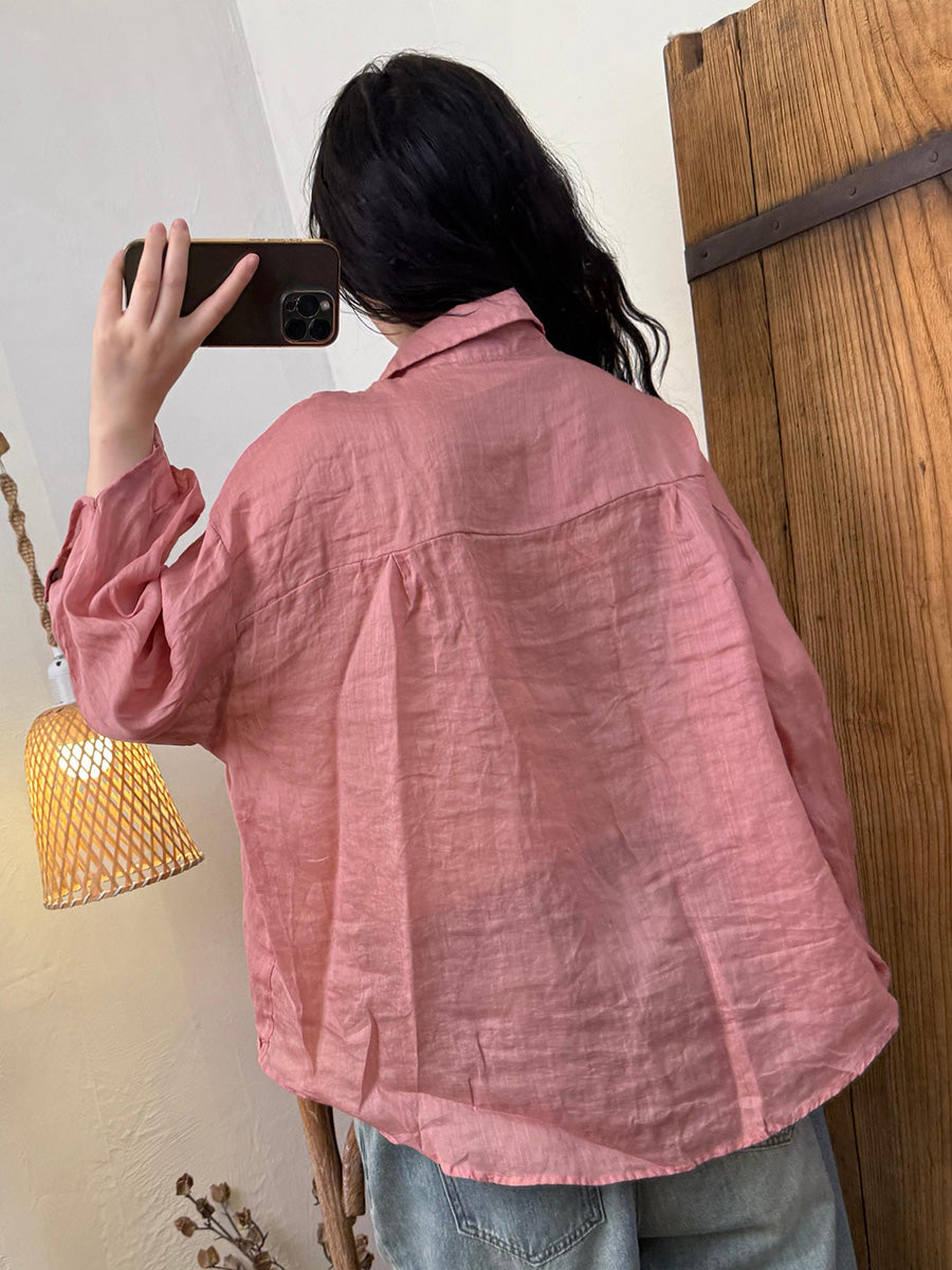 Women Summer Artsy Pure Color Ramie Turn-down Collar Shirt