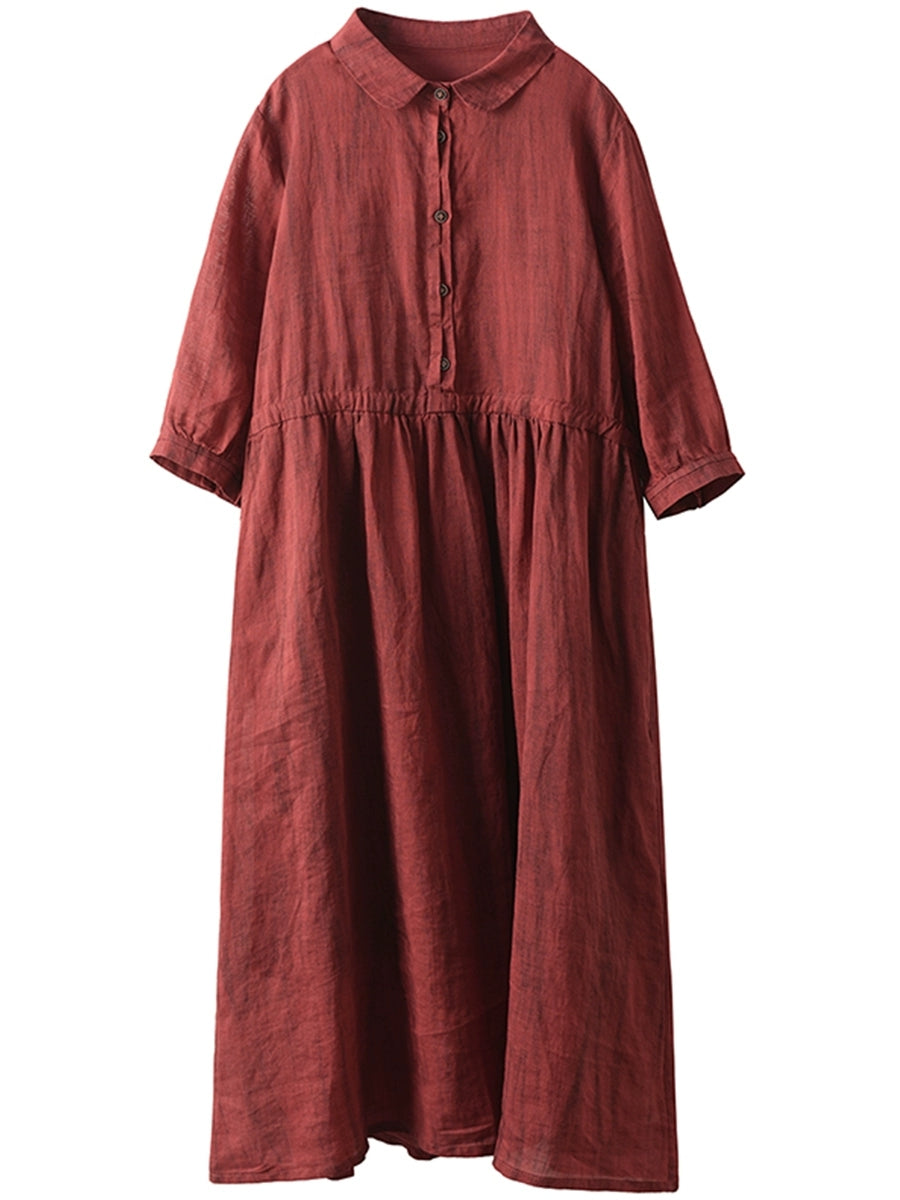 Women Summer Vintage Turn-down Collar 100%Ramie Dress