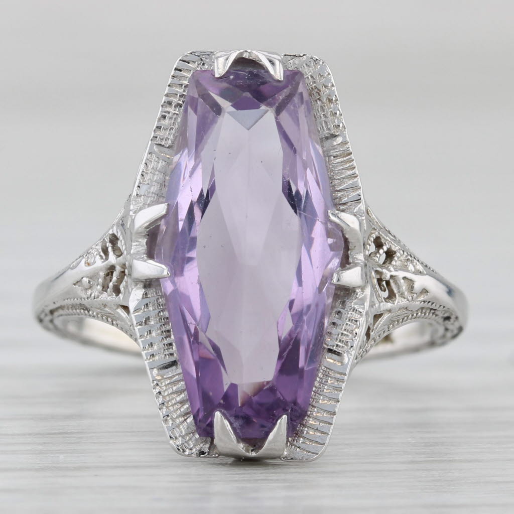 Vintage Amethyst Solitaire Ring 14k White Gold Filigree Size 6.5