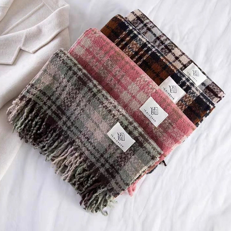 New Plaid Autumn And Winter White Scarf Women's  Atmosphere Warm Soft Tassel Shawl Scarf