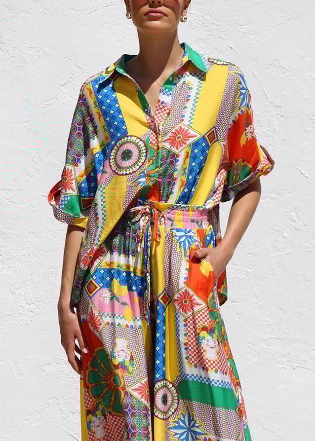 Boho Print Shirts And Maxi Skirts Two Piece Set Short Sleeve