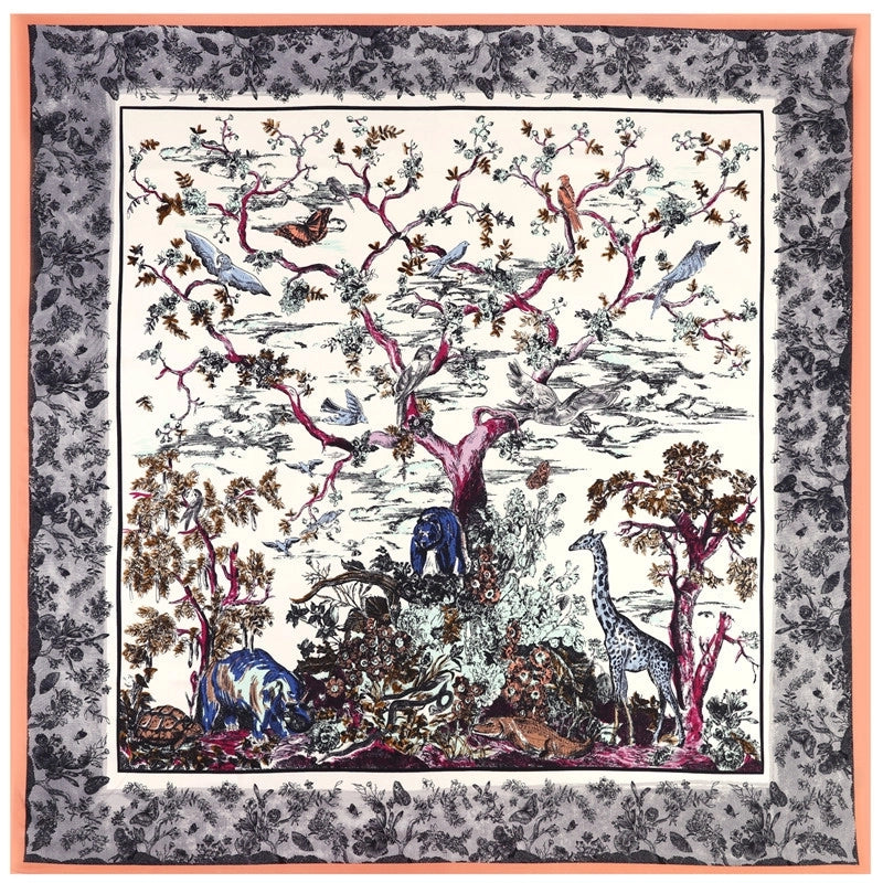 New Style Silk Scarf Forest Animal Print 130cm Twill Silk Large Square Scarf For Ladies